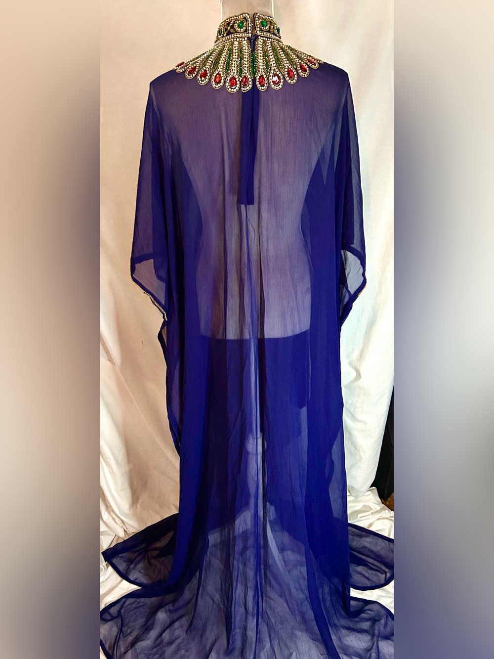 Royal Blue Sheer Hand Beaded Gold, Multicolor Farasha Kaftan Gown, Free Size - Picture 11 of 17